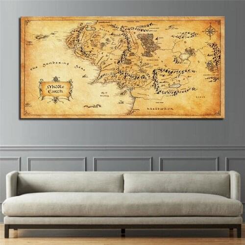 Movie Map Of Middle Earth Canvas Painting Posters and Prints Vintage Style Wall Art Pictures for Living Room Cuadros Unframed