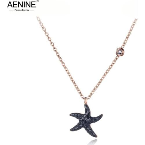 AENINE Trendy Titanium Stainless Steel Crystal Starfish Choker Necklaces Jewelry Lovely CZ Pendant Necklace For Women AN19061