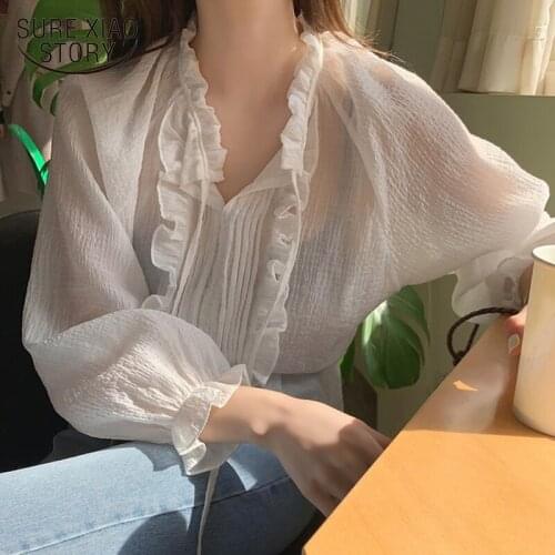 Casual Puff Sleeve Women Shirts 2021 New Fashion Lace Up Chiffon Women Blouse Solid Color Ladies Tops Spring Clothing 13611