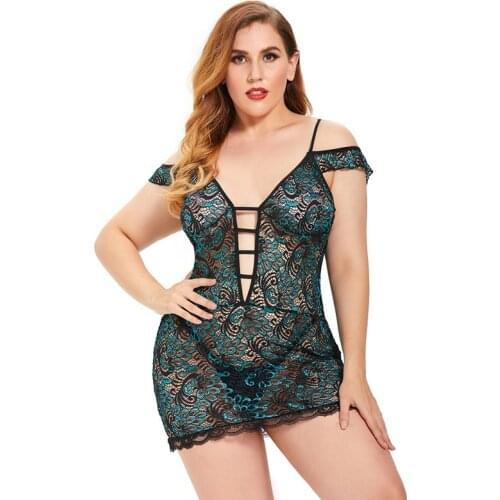 Plus Size Sexy Lingerie Erotic Babydoll Underwear Womens Black Lace Nightdress Large Size Costumes Sleepwear Dress
