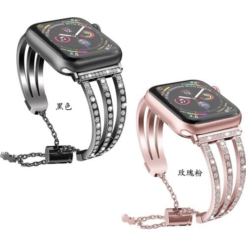 Black Gold Watchband for Apple Watch,Luxury Stainless Steel Metal Crysta Strap for iWatch Series 6 5 4 3 2 1 38mm 40mm 42mm 44mm