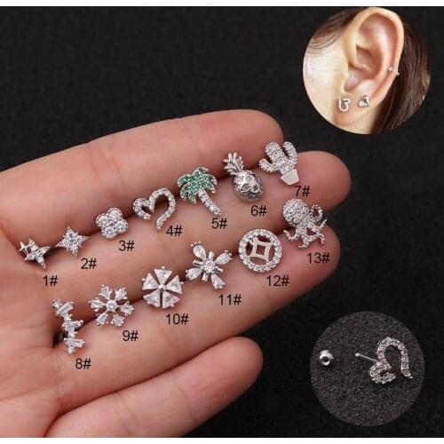1pc Star Coconut tree Cactus Snow Octopus Stud Earring Stainless Steel Body Piercing Crystal Stud Earring Gift For Women BE0012