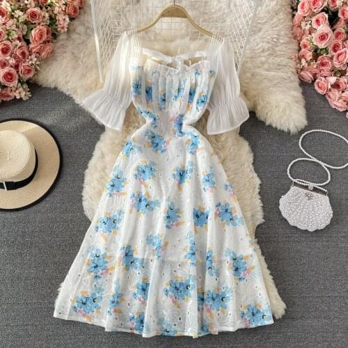 Puff sleeve square neck floral chiffon dress summer 2021 new French retro sweet first love dress long skirt