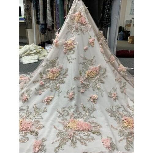 Fabric High Quality African Lace Fabric with beads S-518689 Embroidery French Tulle Lace Material For Nigerian Wedding Dress
