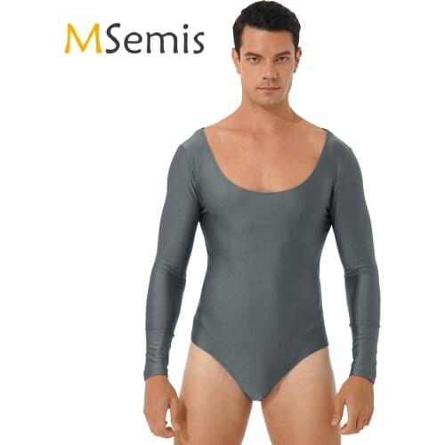 Mens Gymnastics Leotard Bodysuit Round Neck Long Sleeve Solid Color Stretchy Romper Playsuit Sport Workout Gym Fitness Leotard