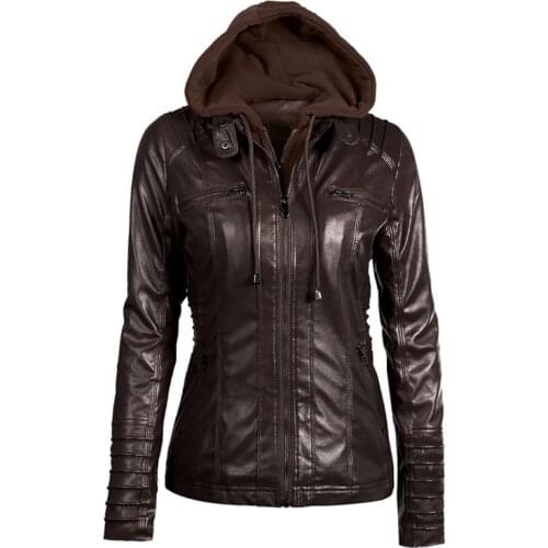 2017autumn and winter womens attachable hooded moto biker zipper up faux leather jackets PU juniors motorcycle jacket 6XL 7XL