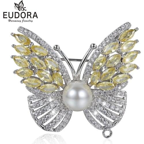 EUDORA Top Quality Cubic Zirconia Butterfly Brooch For Women Golden Pave Setting Crystal Wedding Decoration Animal Corsage Pins