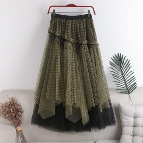 F45 New Autumn Winter Women High Waist Double Layer Mesh Plaid Print Mid Length Skirt Women
