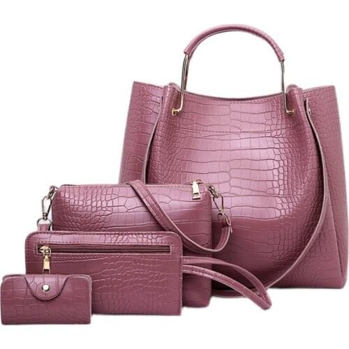 Women Leather 4pcs Handbag Shoulder Bags Crossbody Bag Card Package Set Female Shopping Messenger Bags Alligator Tote