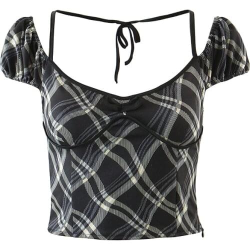 2021 Women Spring Fashion Plaid Cropped Blouses Vintage Autumn Bow Tie Short Sleeve Side Zipper Female Shirts Blusas Chic Tops