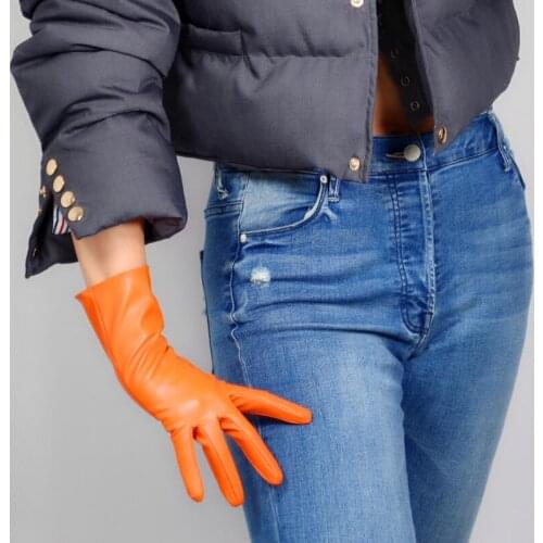 Womens fashion sexy slim faux pu leather glove ladys club performance formal party leather long orange color glove 28cm R2570