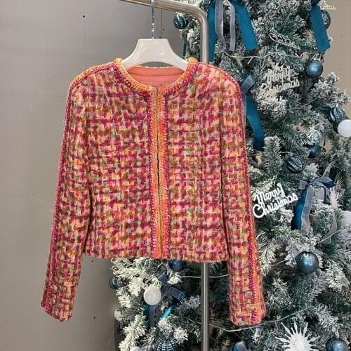 Spring 2021 New Designer Womens High quality 100% Wool plaid tweed coat Chic elegant O-neck jackets Tops C695