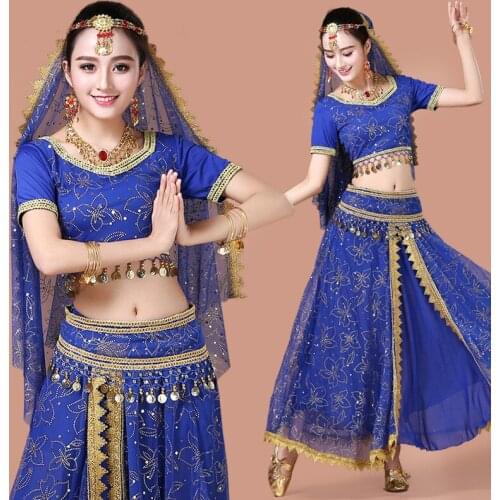 Bollywood Belly Dance Costume Set Indian Dance Sari 5pcs (Headpieces Veil Top Belt Skirt) Belly dance Skirt Suit Women Chiffon