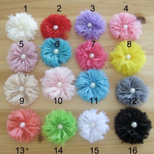 80 PCS/LOT , 2.5" DIY Chiffon Frayed Shabby Flowers Pearl Center Flat Back Hair Accessory free shipping
