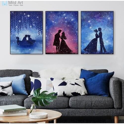 Watercolor Prince Princess A4 Art Print Poster Romantic Starry Love Fairies Picture Girl Wedding Gift Wall Decor Canvas Painting