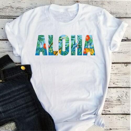 Aloha Tee 2021 Summer Letter Women Fashion Clothing O-Neck Hawaii Beach Clothes Vacation Retro T Shirt for Women Vintage