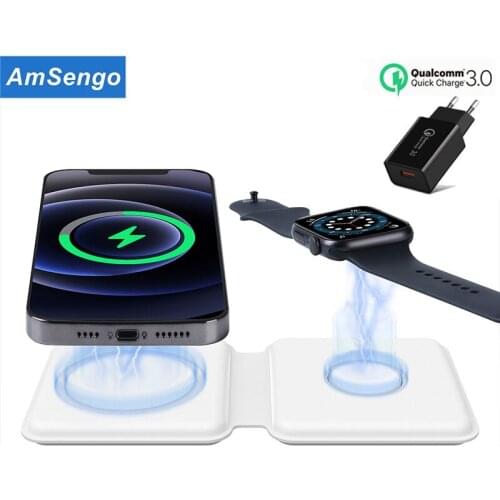 Q500 2 in 1 Fast Magnetic Qi Wireless Charger Stand For Magnet Iphone 12 Pro Max Mini 11 XR XS Airpods pro/Iwatch 6/5/4 Charging