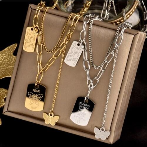 Colorfast 316L stainless steel two-layer necklace, carved butterfly tassel, three pendants, fashion womens gift jewelry