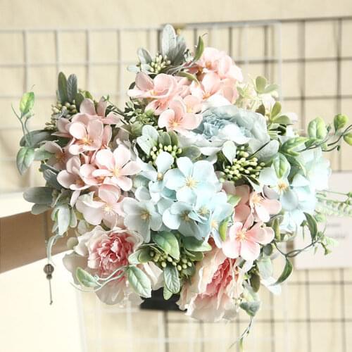 26.5cm Silk Rose Artificial Flowers Bouquet Hydrangea Peony Wedding Bride Holding Fake Flower Home Party Table Decoration