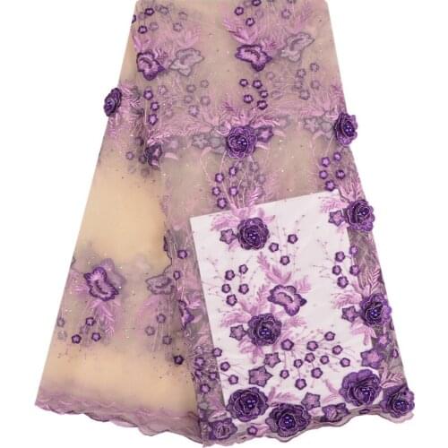 Beautiful Purple 3D Lace Fabric With Beads 3D Flower Embroidered Lace Appliques French Tulle Lace Fabric 5 Yards For Dress F1233