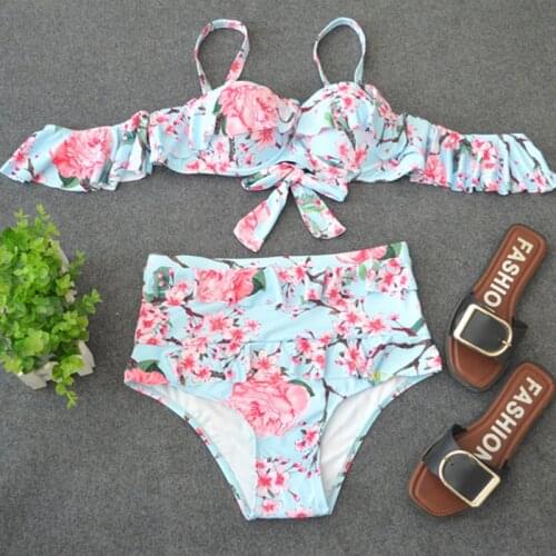 PREETEE 2018 Floral Print Bikini Women Swimwear Push Up Off Shoulder Swimsuit Bathing Suit High Waist Ruffle Flounce Beach Wear
