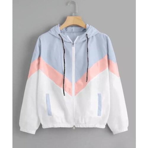 New womens jacket stitching contrast color large size casual shirt long-sleeved clothes hooded wild jacket karkas women
