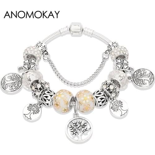 HOT Round Tree of Life Pendant Charm Bracelet Silver Plated Flower Tree Bead Bracelet White Crystal Bracelet DIY Jewelry Gift