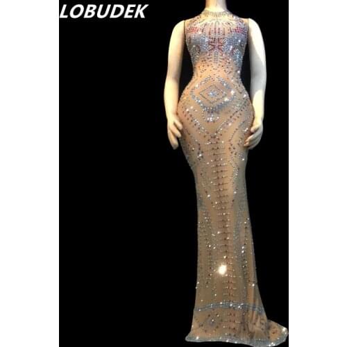Multicolor Rhinestones Sleeveless Long Dress Sparkly Stones Sexy Leotard Dress Prom Party Celebration Outfit Lady Singer Costume
