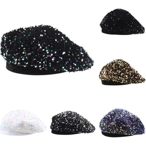 Fashion beret women glitter sequins beret women dance cap girls personality elegant beret nightclub hat