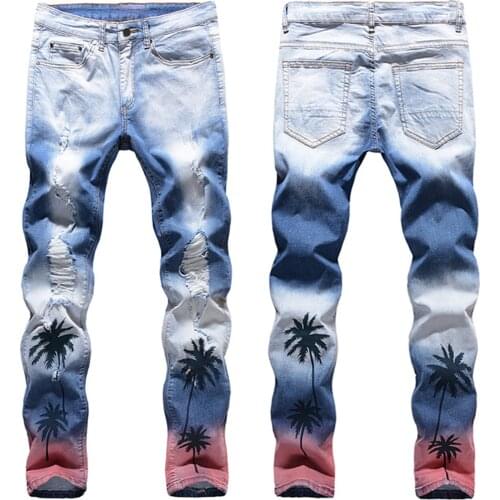 2021 Men’s Splash-ink Prints Slim-fit Jeans,High Quality Stretch&Washed Denim Pants,High Street Ripped Jeans,Youth Must