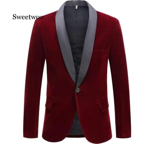SWEETWOO Mens Autumn Winter Velvet Wine Red Fashion Suit Jacket Singer Slim Fit Blazer