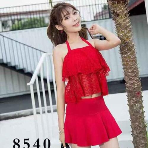 New hot-selling fashion sweet lace suspenders hanging neck split swimsuit Korean version of solid color navel ladies