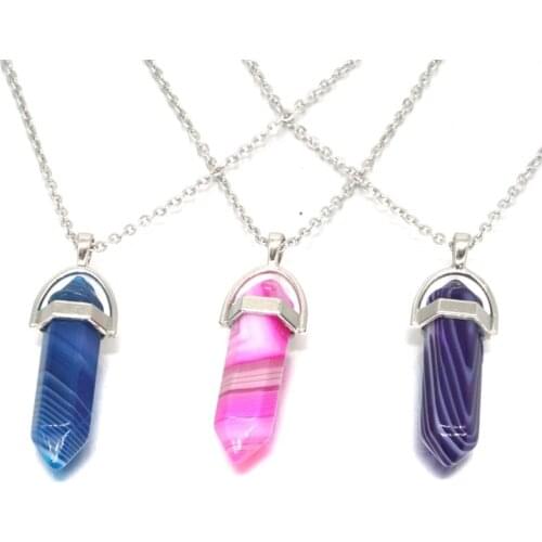 Stripe Stone Hexagon Prism Reiki Pendant Necklaces Quartz Bullet Hexagonal Point Column Reiki Healing Chakra Amulet Jewelry