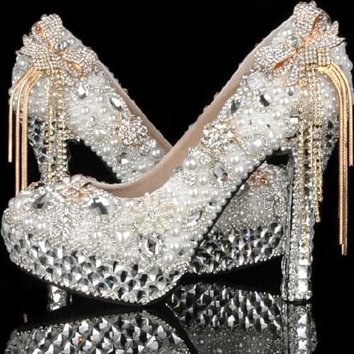 Luxurious Beautiful Lady Dress Shoes Round Toe Womens Rhinestone Wedding Shoes Pumps High heel Bridal Shoes