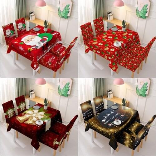 Christmas Tablecloth And Xmas Dining Chair Cover Waterproof Elastic Santa Claus Dinning Table Cover Cloth for Home Party Decor