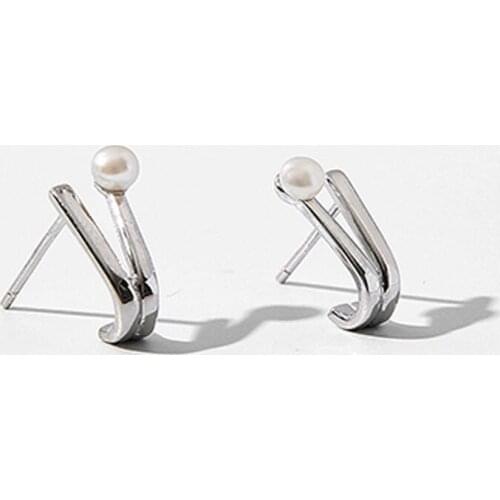 Fashion Jewelry Stud Earrings Curved Hook Double Layer Design Simulated Pearl Simply Metal Earrings For Girl Gifts