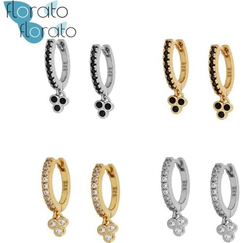 Black Crystal Dangle Hoops Thin Charms Loops Circle Earrings 925 Sterling Silver Huggies Hoop Earrings for Women Jewelry Gifts