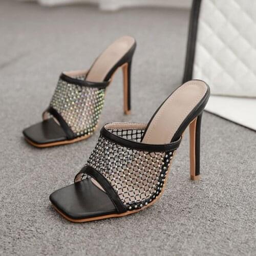 Summer Slippers Women Fashion High Heel Mesh (Air mesh) Solid Outside Blingbling Thin Heels Slides 12.5cm High Heels Sexy Party