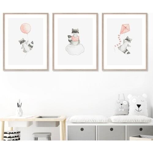 Cute Raccoon Balloon Cloud Kite Book Wall Art Canvas Painting Nordic Posters And Prints Wall Pictures Kids Room Nursery Decor