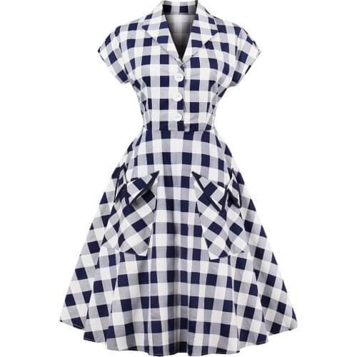 Retro Vintage Women Summer Dress With Pocket Plaid Print England Style Office OL Cotton Party Sundress Oversized Swing Dresses