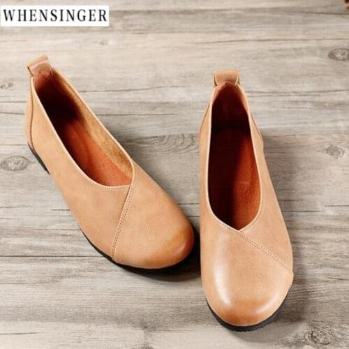 Whensinger - Women Flat Shoes loafers Genuine Leather Casual Twill art Flats Shoe Vintage Elegant Fashion