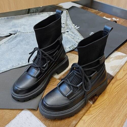 2021 Fall Fashion Platform Ankle Boots Ladies Platform Knitted Socks Shoes Ladies Lace Stitching Platform Ankle Boots