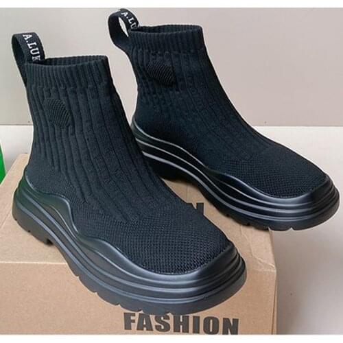 Platform Chunky Mesh Women Flats Shoes 2021 New Winter Luxury Socks Boots Snow Weave Casual Botas Zapatos Round Toe Slip-On