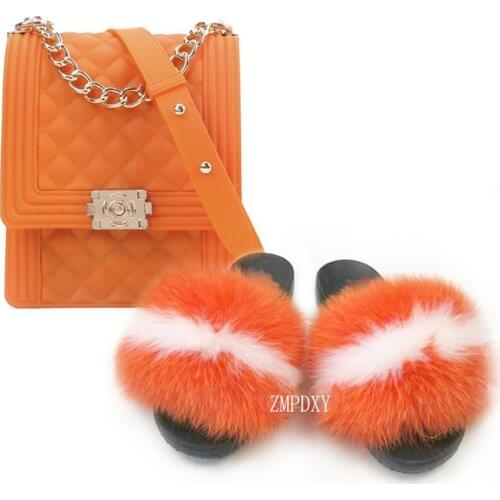 Hot Sale Women Candy Color Bags with Amazing Slippers Fluffy Fur Sandals Bling Messenger Bags Fox Fur Slippers Girl Party Purses