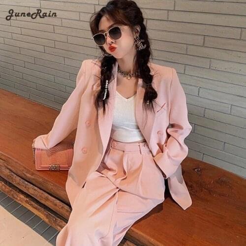 JuneRain Women Spring Notched Double Breasted Blazers+High Waist Wide Leg Straight Pants 2 Pieces Sets Office Lady Outfits Suits