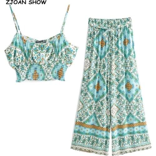 2020 Bohemian Elastic Hem Floral Print Bra Tank Top Crop Top Sexy Women Tie Bow Sashes Wide Leg Pants Ruched Camis 2 Pieces Set