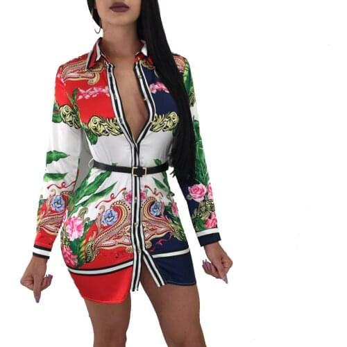 Womens Printed Long Sleeve Single Breasted Shirt Dress