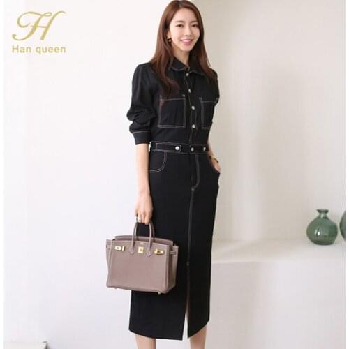H Han Queen 2020 Autumn Office Lady Pencil Dress Simple Single-breasted Women Vestidos Elegant Slim Occupation Bodycon Dresse