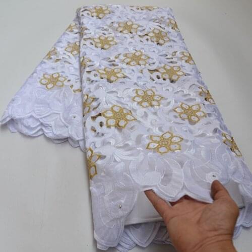 5yards/pc) High quality white gold African cotton lace hand cut Swiss voile lace fabric with embroidery for party dress CLP492