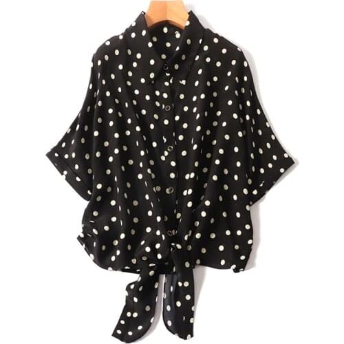 Women Summer Silk Blouse V neck Short Sleeve office wear casual elegant natural silk blouses real silk work wear dots print tops